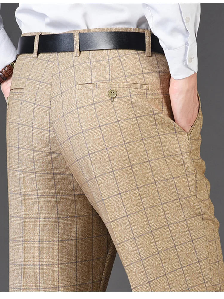 Men's Rayon High Waist Zipper Fly Closure Plaid Formal Pants