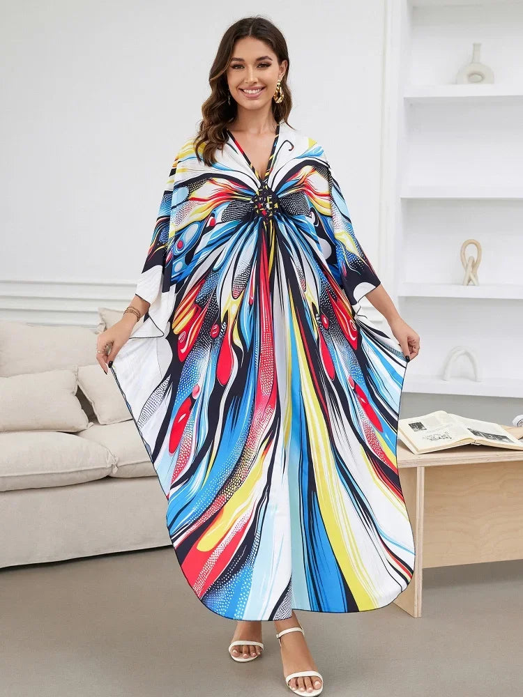 Women's Polyester V-Neck Long Sleeve Printed Pattern Maxi Dress