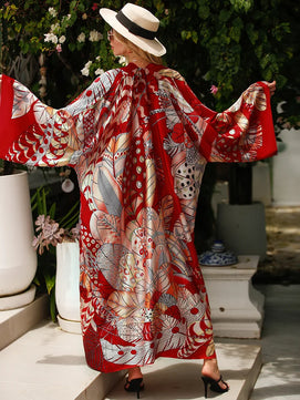 Women's Polyester Long Sleeves Printed Pattern Swimwear Cover Up