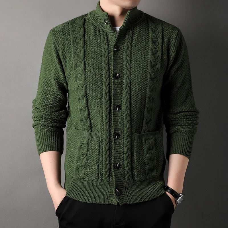 Men's Polyester Stand Collar Full Sleeves Single Breasted Sweater