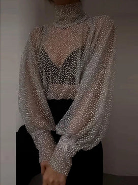 Women's Polyester Turtleneck Long Sleeve Sequined Pattern Blouse