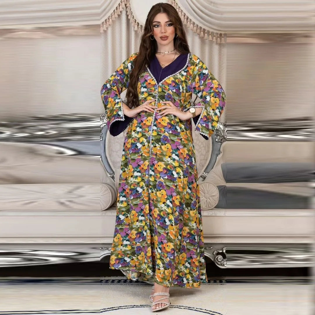 Women's Arabian Polyester Full Sleeve Floral Pattern Casual Dress