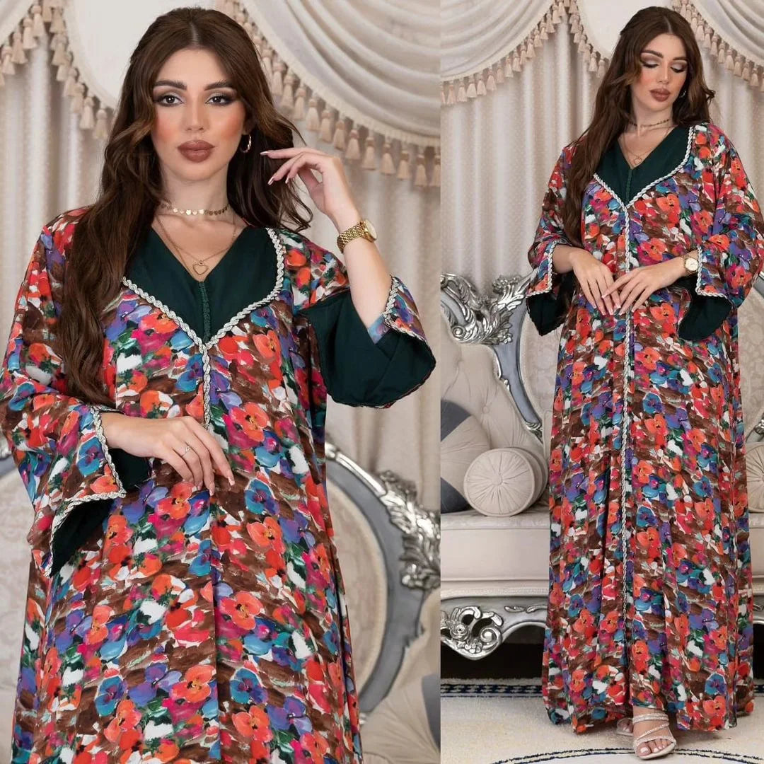 Women's Arabian Polyester Full Sleeve Floral Pattern Casual Dress