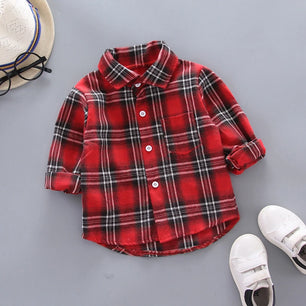 Kid's Cotton Turn-Down Collar Full Sleeve Plaid Pattern Shirt