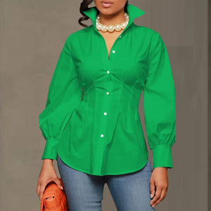 Women's Polyester Turn-Down Collar Long Sleeves Solid Blouse