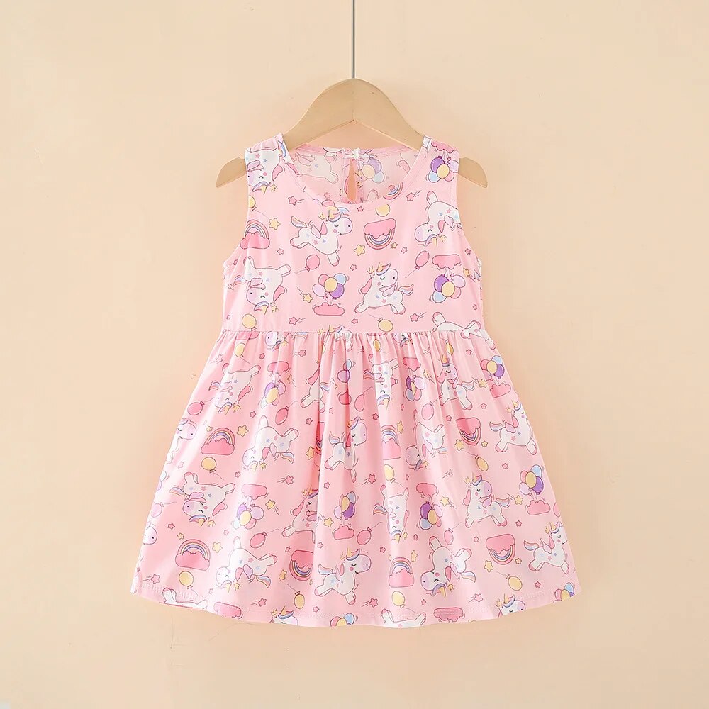 Baby Girl's 100% Cotton O-Neck Sleeveless Printed Pattern Dress