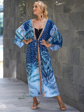 Women's Polyester Long Sleeves Printed Kaftan Beach Cover Up