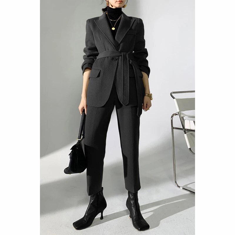 Women's Wool Full Sleeves Single Button High Waist Blazer Set
