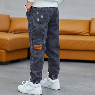 Kid's Cotton Mid Elastic Waist Closure Casual Wear Denim Pants