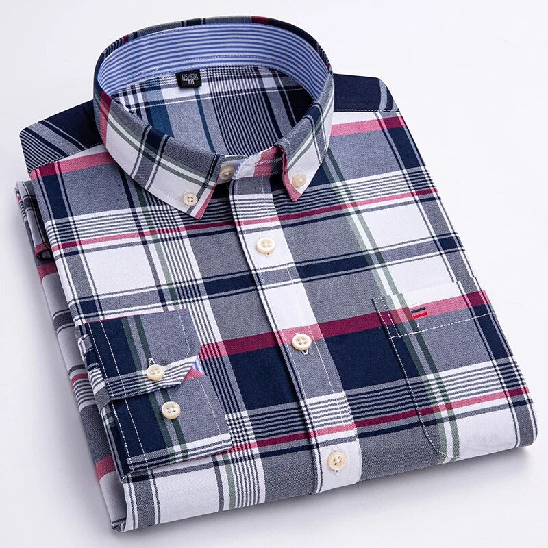 Men's Cotton Turn-Down Collar Full Sleeve Plaid Pattern Shirt