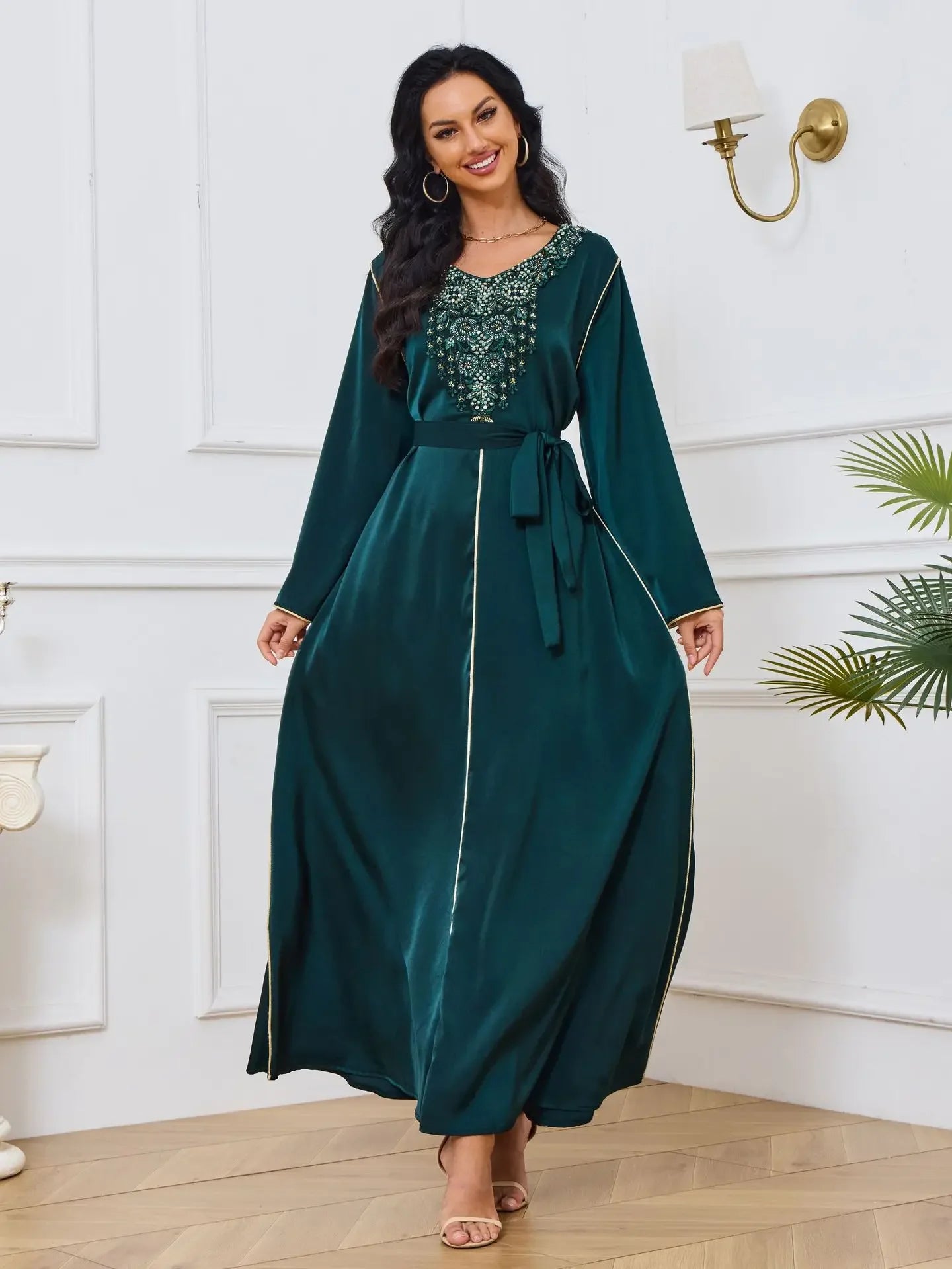 Women's Arabian Polyester Full Sleeve Beaded Pattern Casual Dress