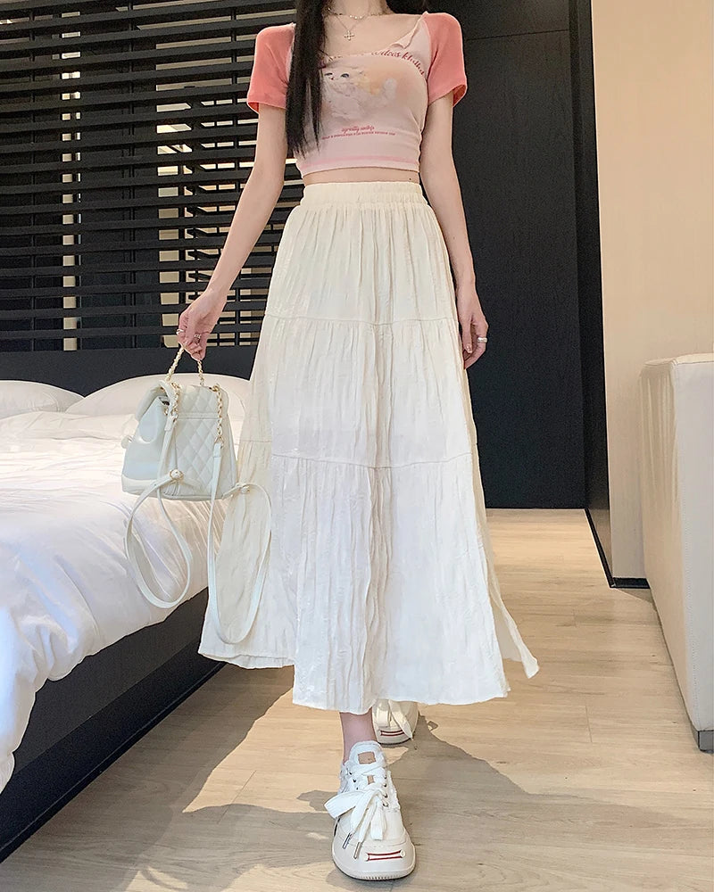 Women's Polyester Elastic Waist Pleated Pattern Casual Wear Skirt