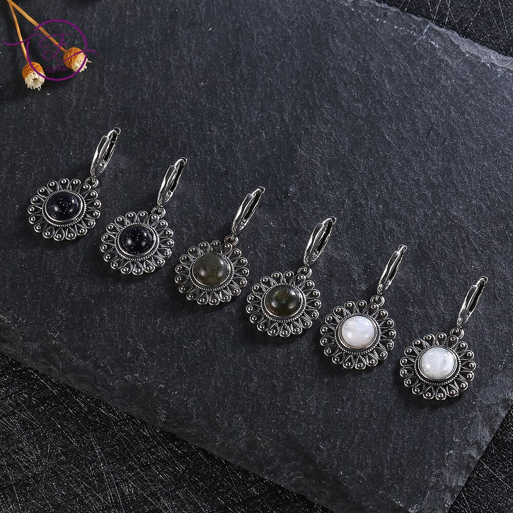 Women's Tibetan Silver Moonstone Flower Party Drop Earrings