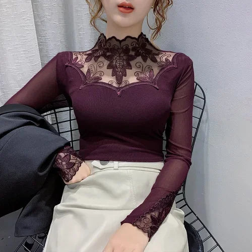 Women's Polyester Turtleneck Long Sleeves Patchwork Blouse