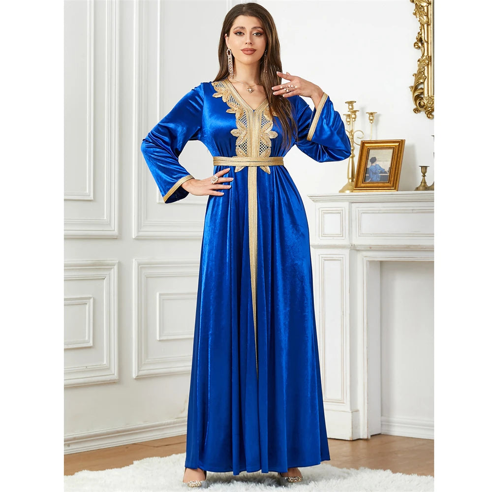 Women's Arabian V-Neck Polyester Full Sleeve Embroidery Dresses