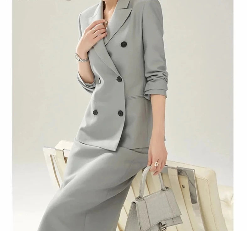 Women's Notched Collar Full Sleeves Double Breasted Blazer Set