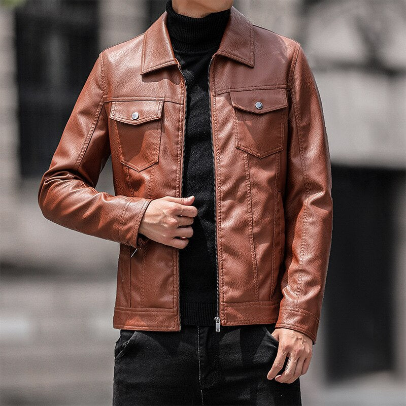 Men's 100% Faux Leather Turn Down Collar Zipper Closure Jacket