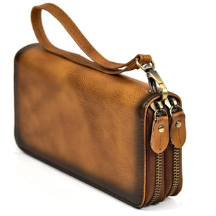 Men's Genuine Leather Solid Pattern Double Zipper Shoulder Bag