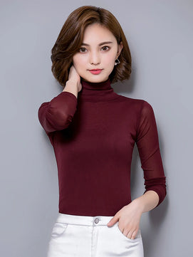 Women's Polyester Turtleneck Long Sleeve Casual Wear Blouse