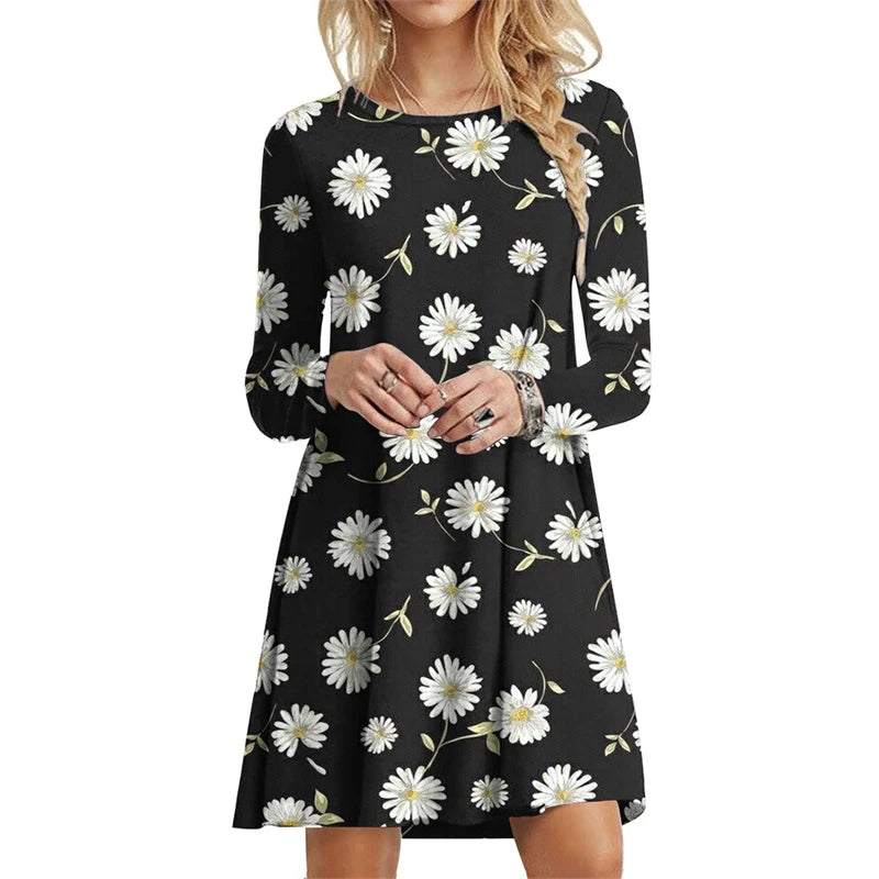 Women's Polyester O-Neck Long Sleeves Mini Casual Floral Dress