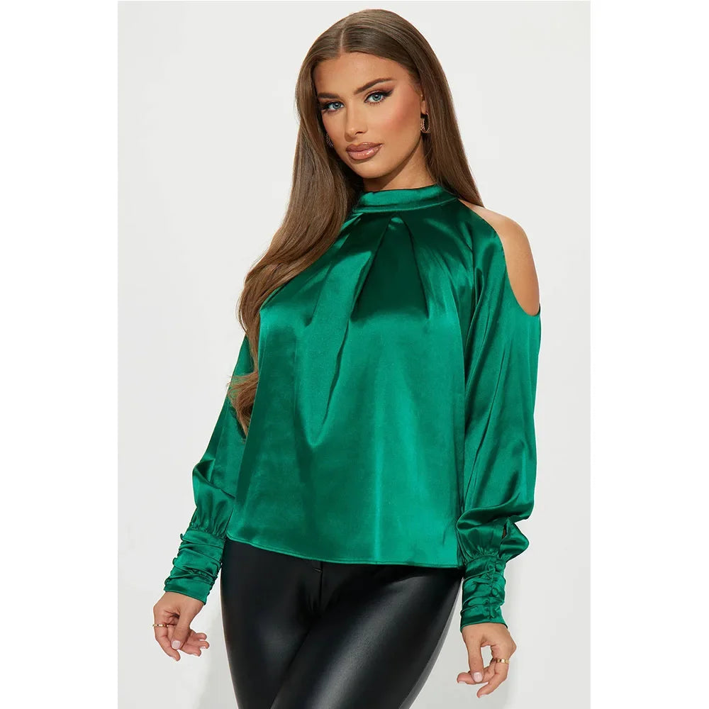 Women's Polyester O-Neck Long Sleeves Solid Pattern Mini Blouse