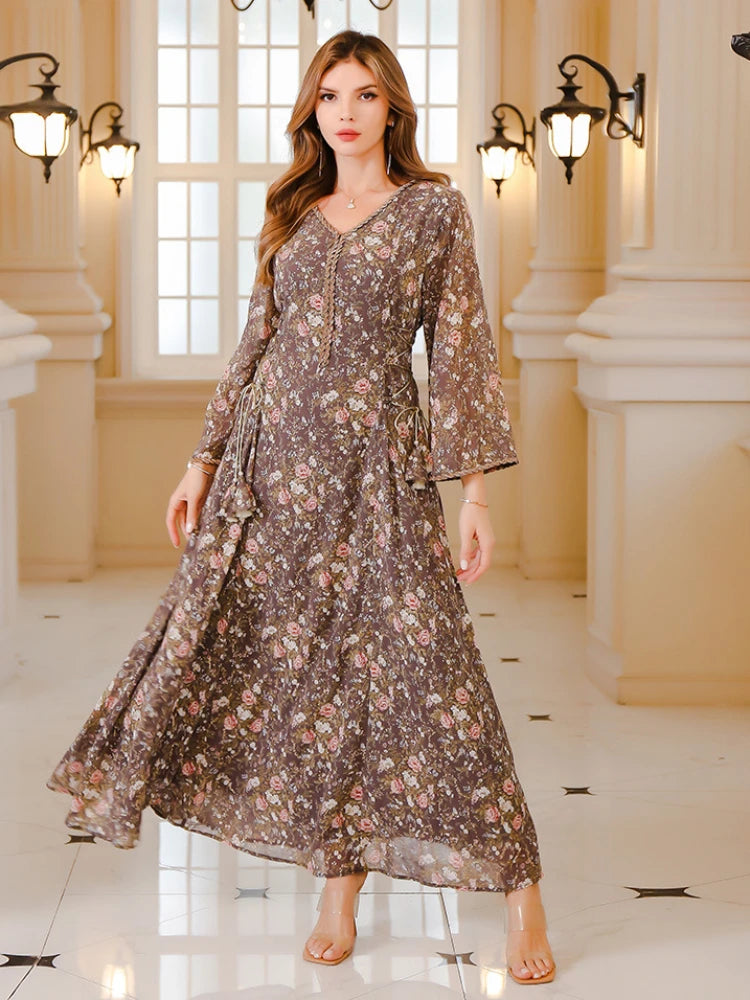 Women's Arabian Polyester Full Sleeves Floral Pattern Dress