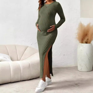 Women’s Polyester O-Neck Long Sleeves Striped Maternity Dress