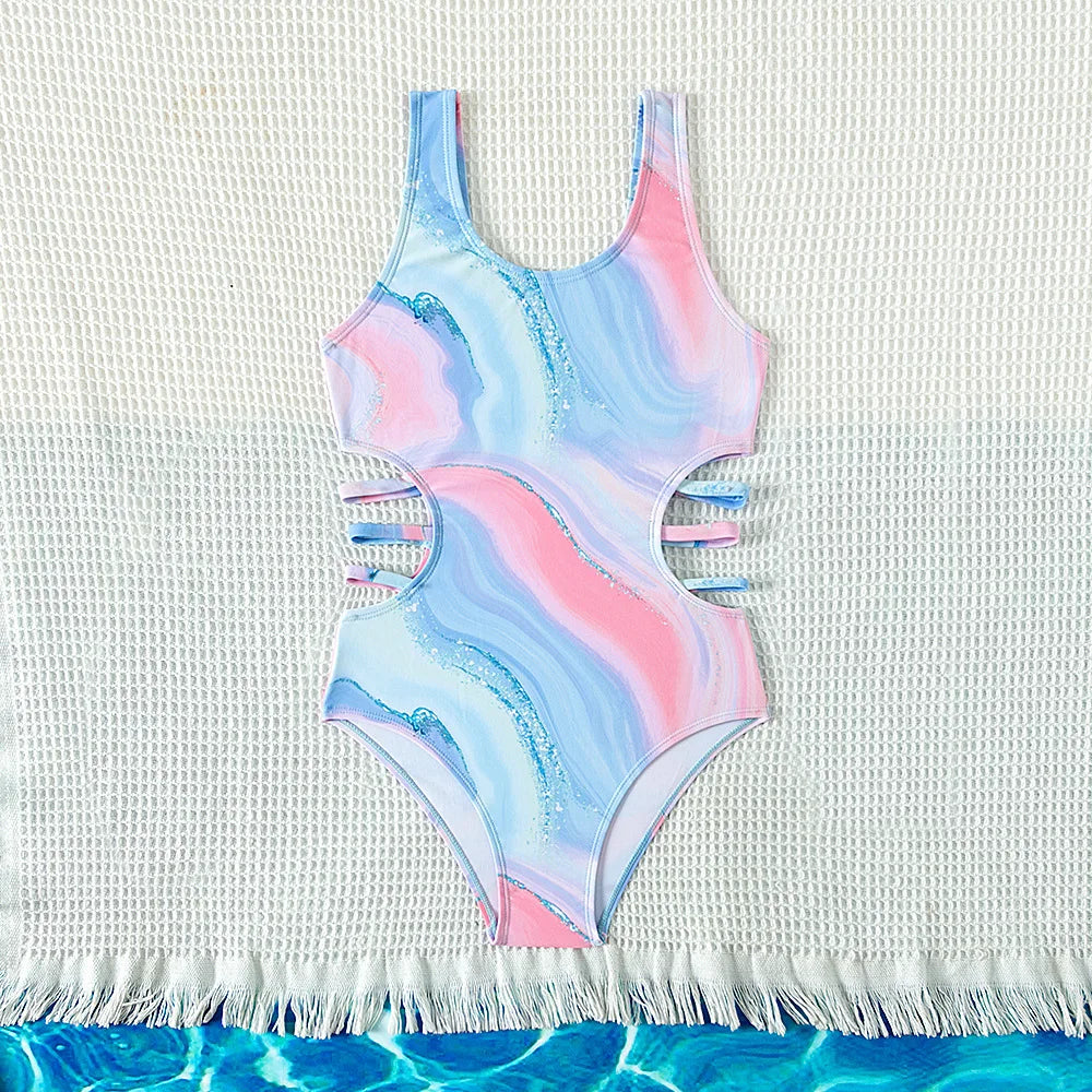 Kid's Polyester Tie Dye Pattern One-Piece Trendy Swimwear Suit