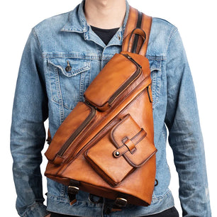 Men's Genuine Leather Solid Pattern Zipper Closure Backpack