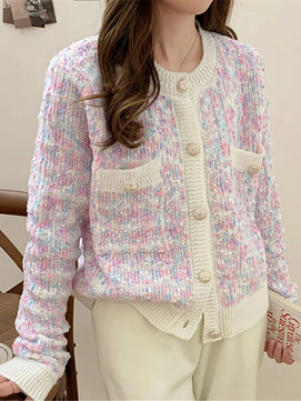 Women's Polyester O-Neck Long Sleeve Patchwork Casual Cardigan