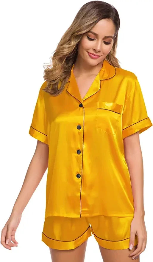 Women's Silk Turn-Down Collar Short Sleeves Solid Sleepwear Dress