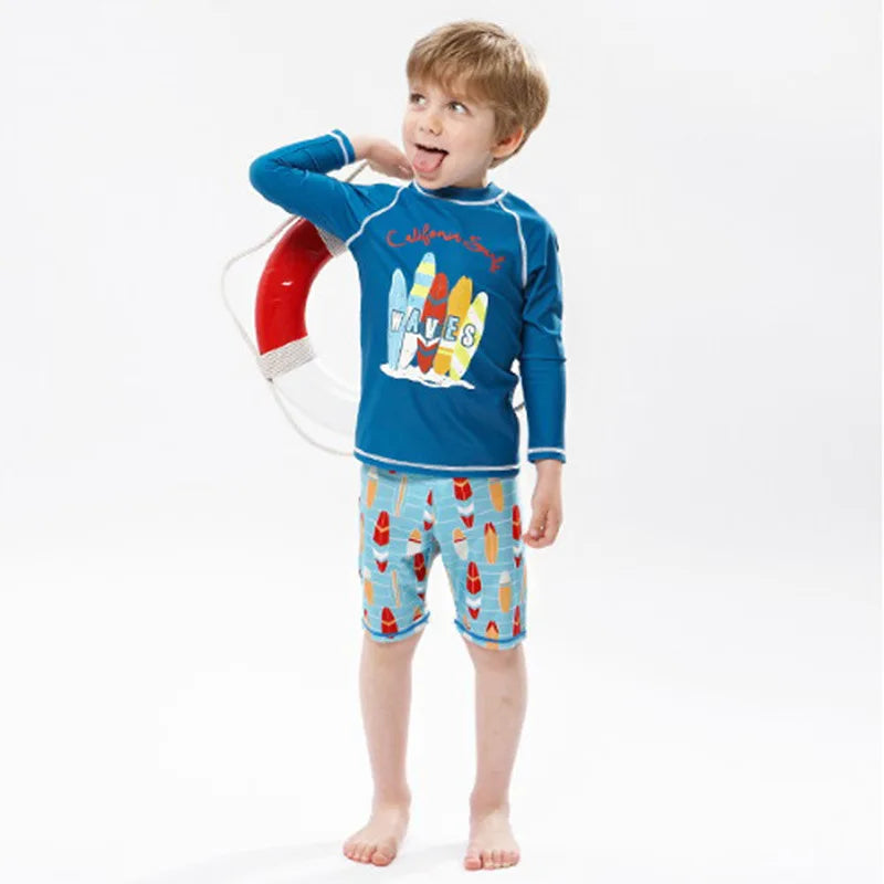 Kid's Boy O-Neck Spandex Full Sleeve Printed Pattern Swimsuit