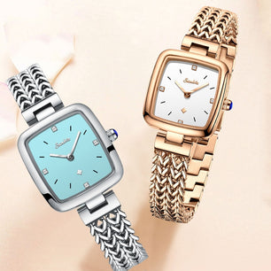 Women's Stainless Steel Case Push Button Hidden Clasp Watch