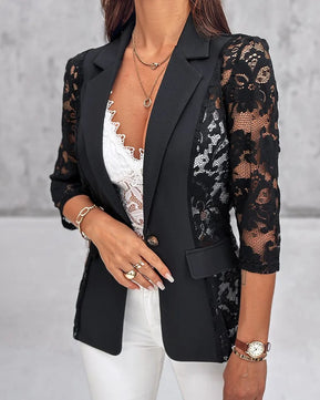 Women's Polyester Turn-Down Collar Three Quarter Sleeves Blazer