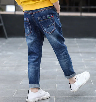 Kid's Cotton Mid Waist Elastic Closure Casual Wear Denim Pants