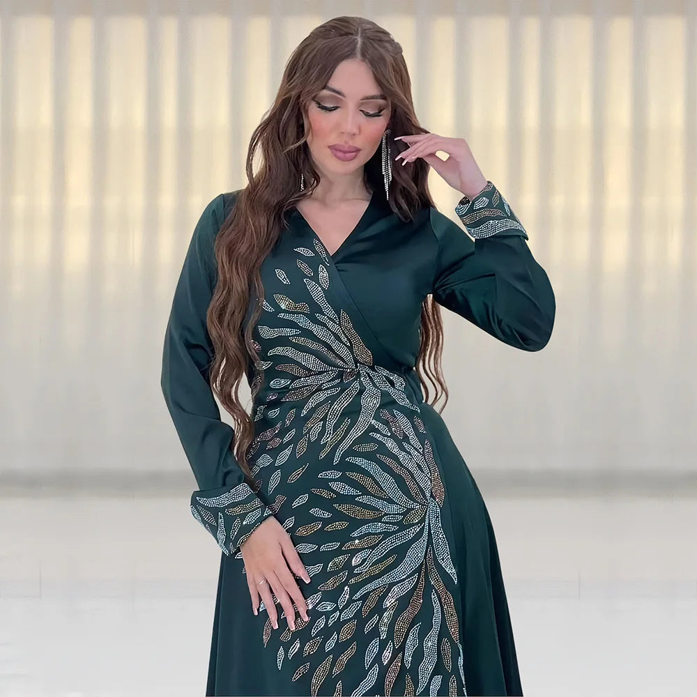 Women's Arabian Polyester Full Sleeve Rhinestone Elegant Dress