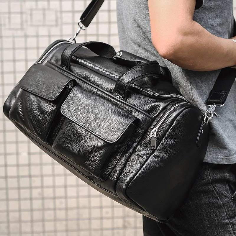 Men's Genuine Leather Zipper Closure Solid Pattern Shoulder Bag