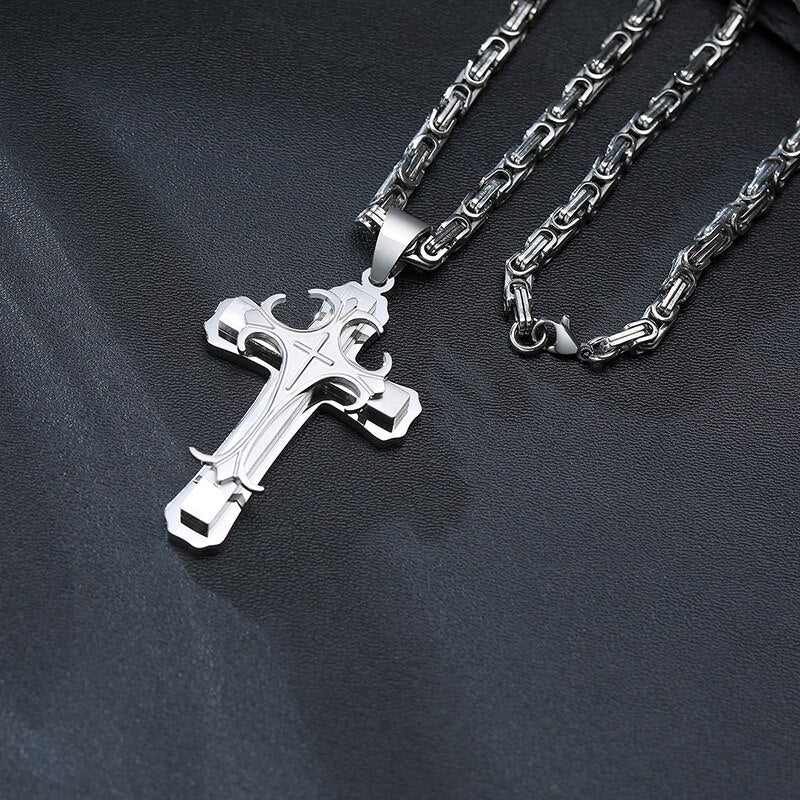 Men's 100% Stainless Steel Link Chain Cross Pendant Necklace