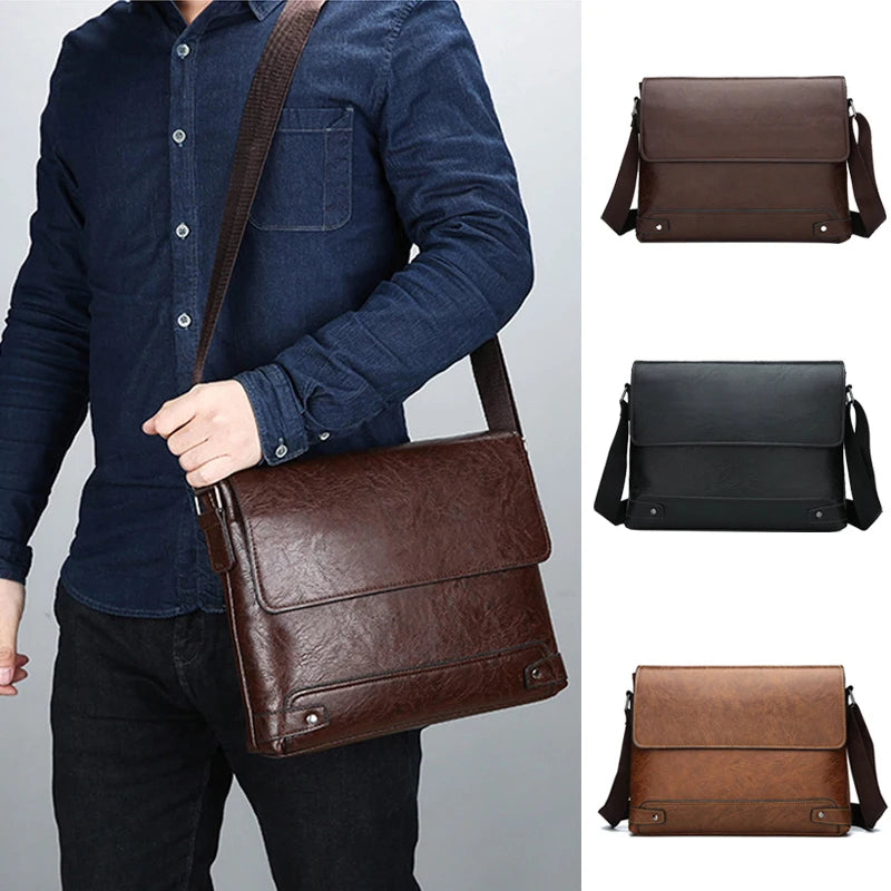 Men's PU Leather Zipper Hasp Closure Solid Pattern Shoulder Bag