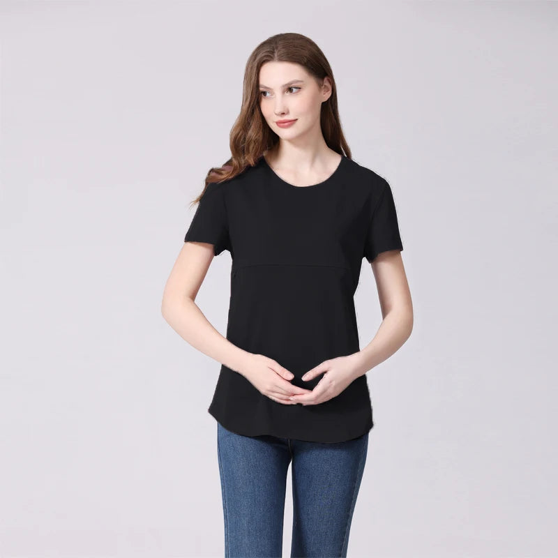 Women's Cotton O-Neck Short Sleeve Solid Pattern Maternity Dress