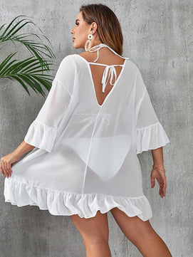 Women's Lace V-Neck Long Sleeves Bathing Swimwear Beach Cover Up