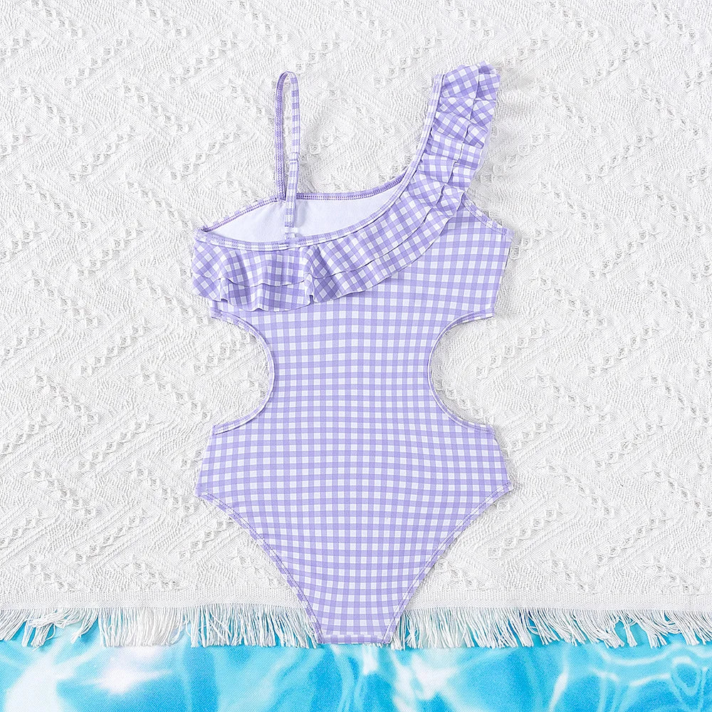 Kid's Polyester One-Shoulder Plaid Pattern Swimwear One-Piece