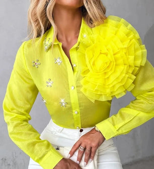 Women's Polyester Turn-Down Collar Long Sleeves Floral Blouse