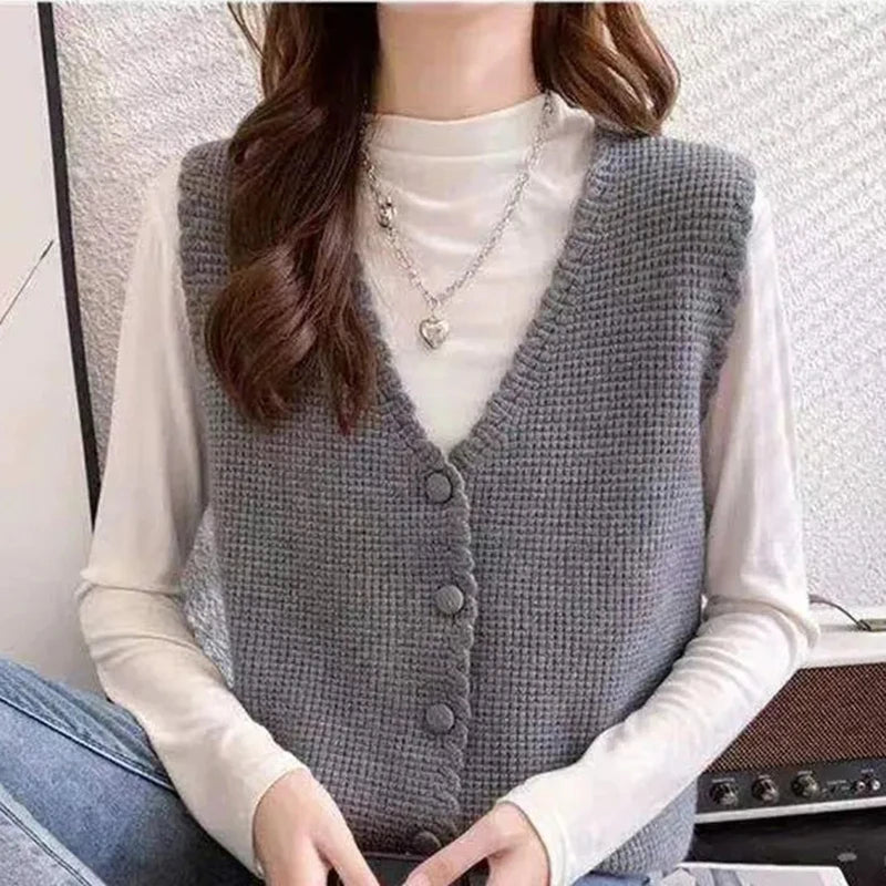 Women's Acrylic V-Neck Solid Pattern Single Breasted Sweater