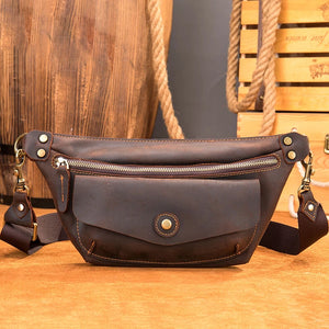 Men's Genuine Leather Solid Pattern Casual Crossbody Waist Pack