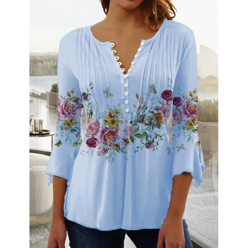 Women's Polyester V-Neck Long Sleeves Floral Pattern Mini Blouse