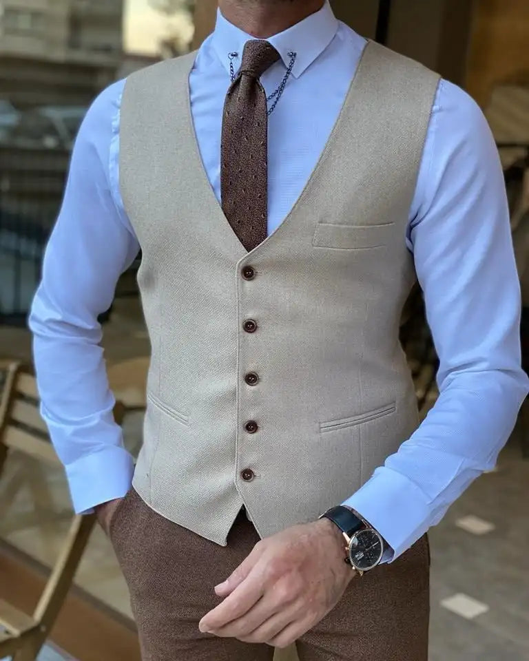 Men's Cotton Single Breasted Plain Pattern Formal Wear Suit Vest