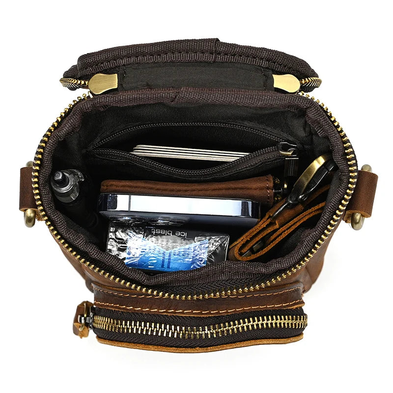 Men's Genuine Leather Zipper Closure Solid Pattern Shoulder Bag