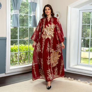 Women's Arabian Polyester Full Sleeve Sequined Pattern Casual Dress