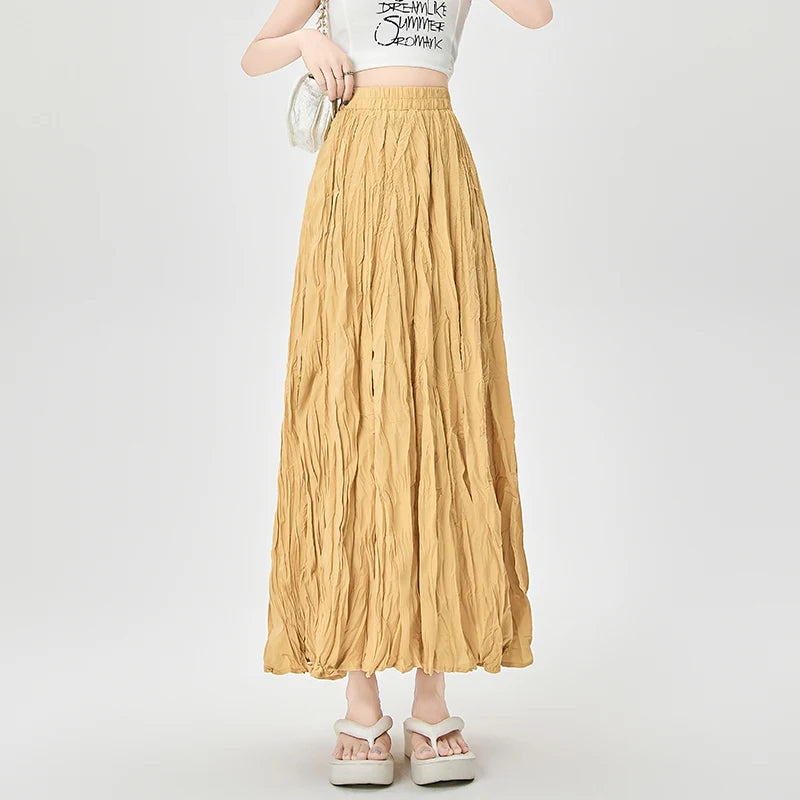 Women's Polyester Elastic Waist Pleated Pattern Casual Wear Skirt